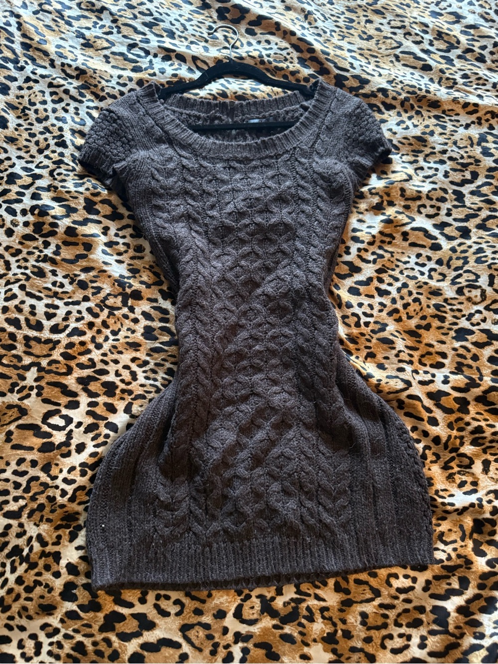 Women's Cable Knit Short-Sleeve Sweater Dress - Dark Brown